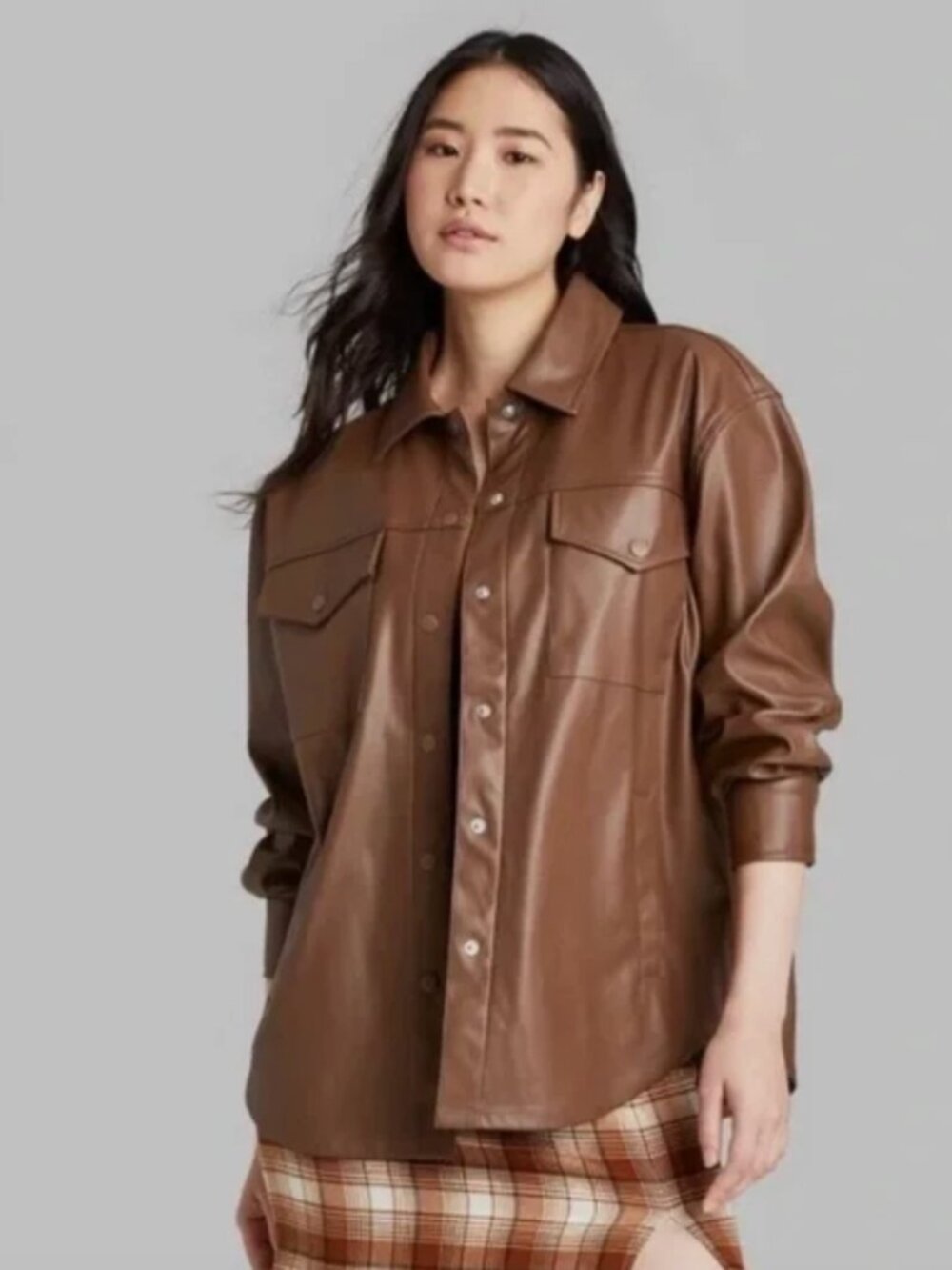 Wild Fable Brown Faux Leather Oversized Shacket XS